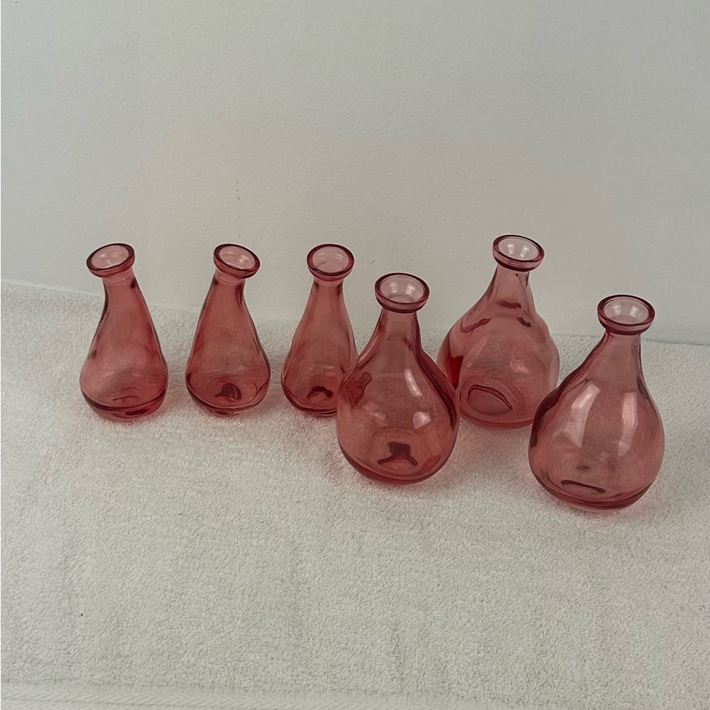 2 Sets of 3 - Pink Glass Bud Vases - 2 sizes